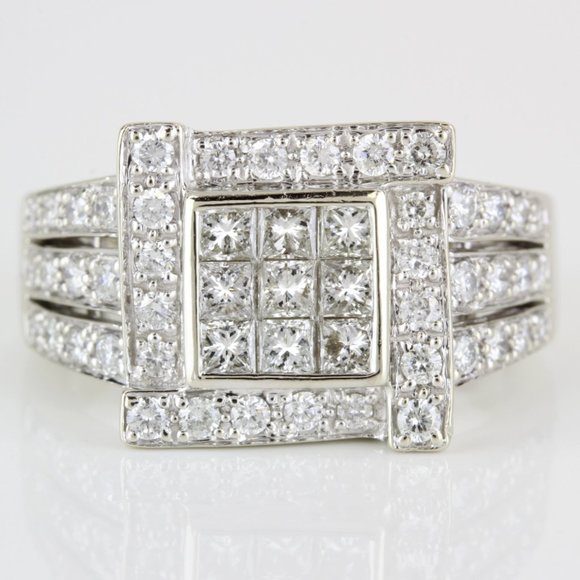 Jewelry - 14k White Gold Princess-cut and Diamond Cocktail Anniversary Ring